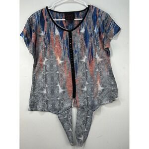 French Blue Petite PS Abstract Sharkbite Hem Top Made USA Asymmetrical Blouse